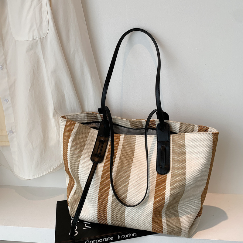 Korean Version Of Simple Canvas Portable Briefcase Female Large capacity Shopping Bag Business Striped Tote Bag Student Make up Bag Bronze - Shop at LoveMi