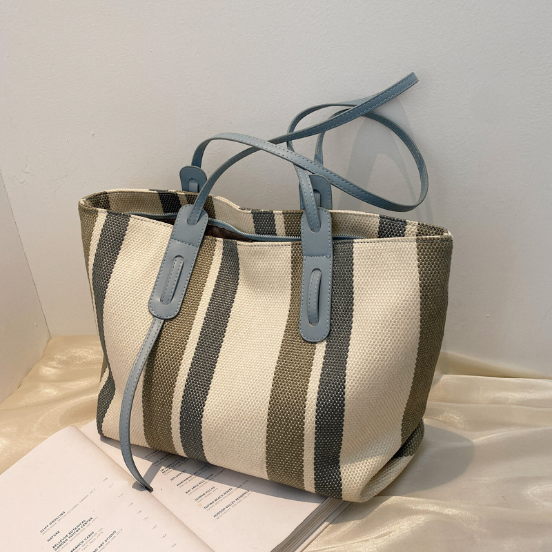 Korean Version Of Simple Canvas Portable Briefcase Female Large-capacity Shopping Bag Business Striped Tote Bag Student Make-up Bag