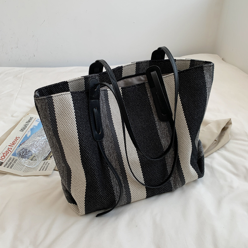 Korean Version Of Simple Canvas Portable Briefcase Female Large capacity Shopping Bag Business Striped Tote Bag Student Make up Bag Black - Shop at LoveMi