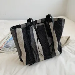 Korean Version Of Simple Canvas Portable Briefcase Female Large-capacity Shopping Bag Business Striped Tote Bag Student Make-up Bag - Black - View 1