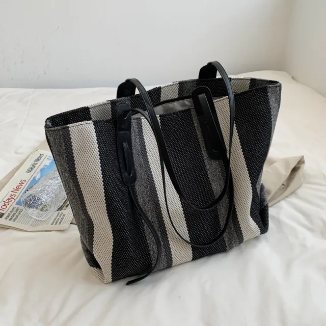 Korean Version Of Simple Canvas Portable Briefcase Female Large capacity Shopping Bag Business Striped Tote Bag Student Make up Bag Black - Shop at LoveMi