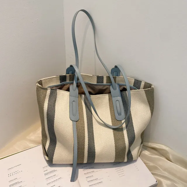 Korean Version Of Simple Canvas Portable Briefcase Female Large capacity Shopping Bag Business Striped Tote Bag Student Make up Bag Blue - Shop at LoveMi