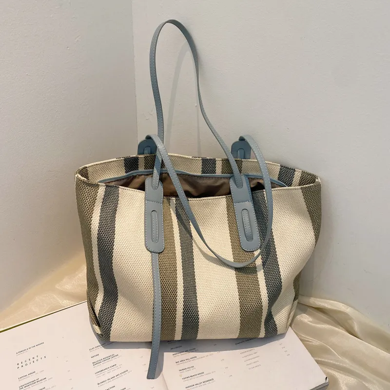 Korean Version Of Simple Canvas Portable Briefcase Female Large-capacity Shopping Bag Business Striped Tote Bag Student Make-up Bag - Blue