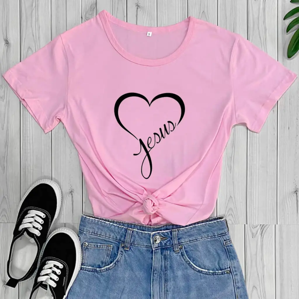New Love Printing Fashion Round Neck Foreign Trade T-shirt - Pink