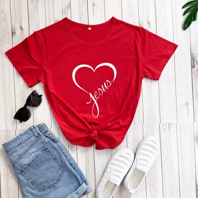 New Love Printing Fashion Round Neck Foreign Trade T shirt Red - Shop at LoveMi