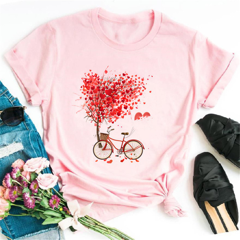 Bicycle Flower Heart T-Shirt New Bicycle Flower Heart Balloon Print Ladies T-shirt