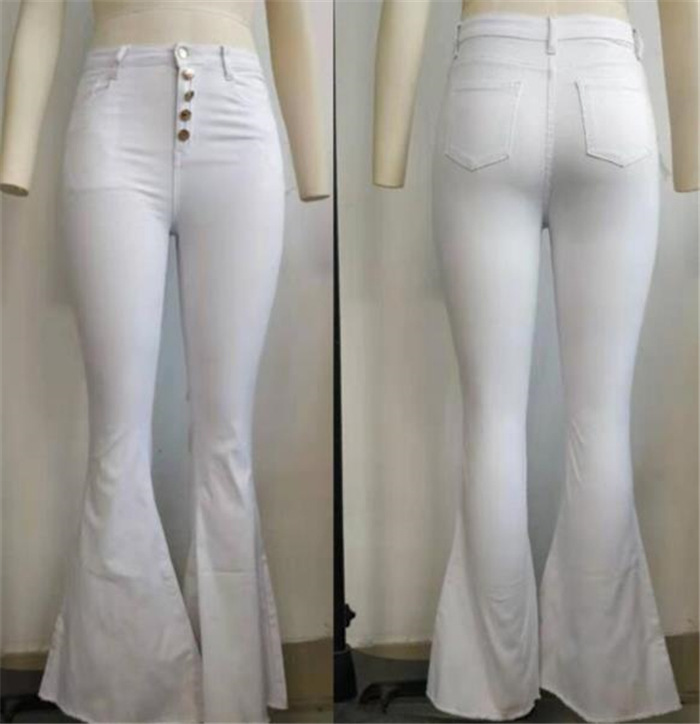 Title 4, Buttoned Bell-Bottom High Waist Pants Women Sol...