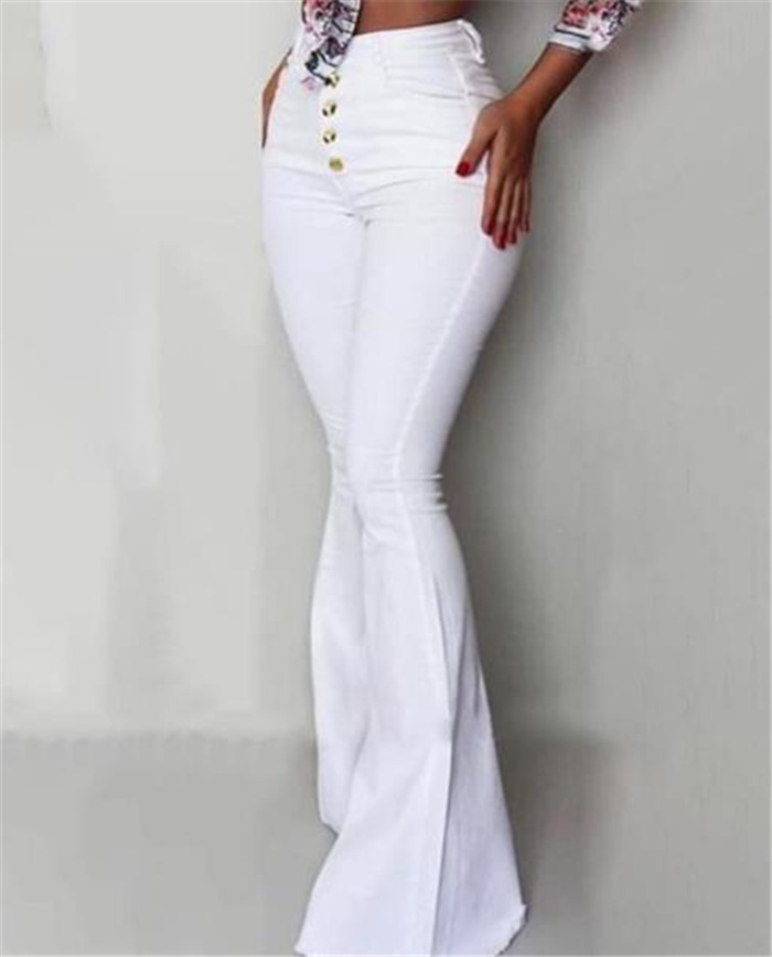 Title 2, Buttoned Bell-Bottom High Waist Pants Women Sol...