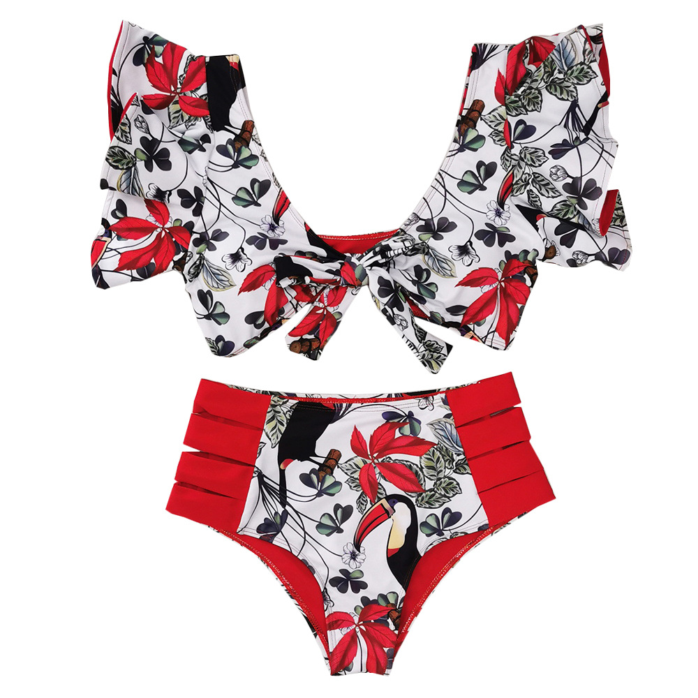 Deep V ruffled sleeve bikini swimsuit women split