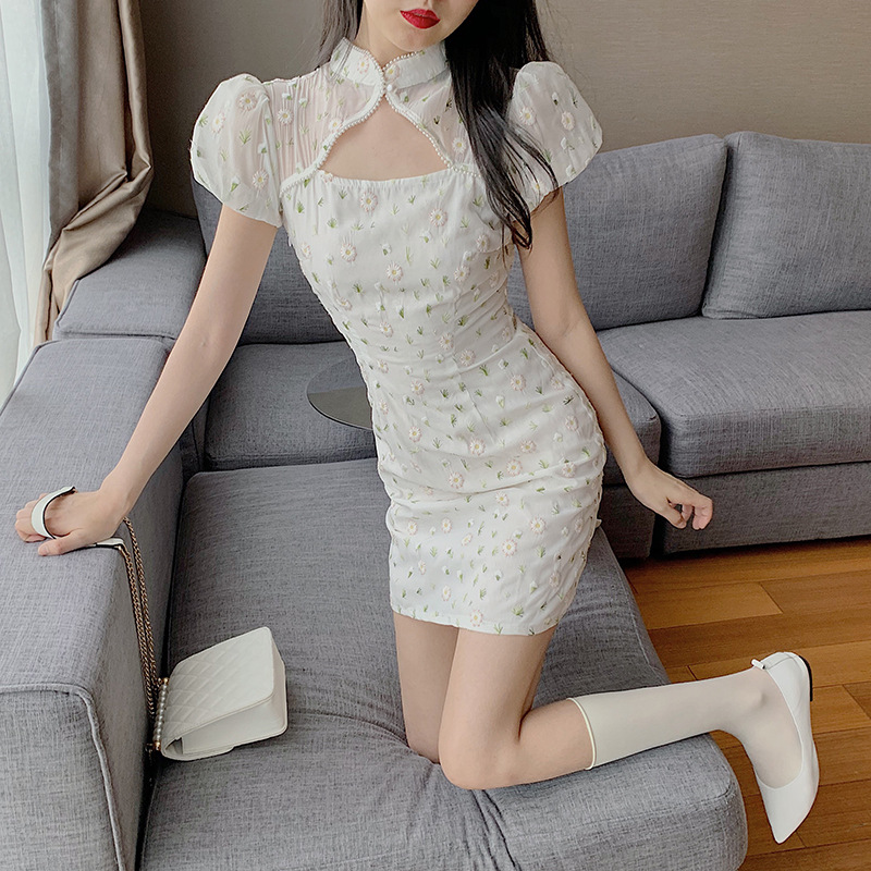 Floral Beaded Stand Collar Dress