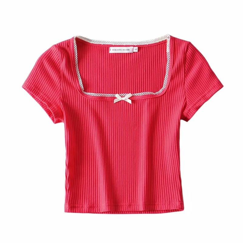 Simple Solid Color Bow Lace Short-sleeved T-shirt