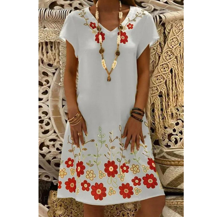 Printed V-neck Short-sleeved Loose Dress