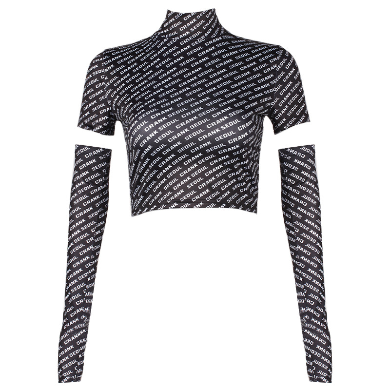 Women's High Neck All-match Letter Printing Thumb Cuffs Slim Navel T-shirt
