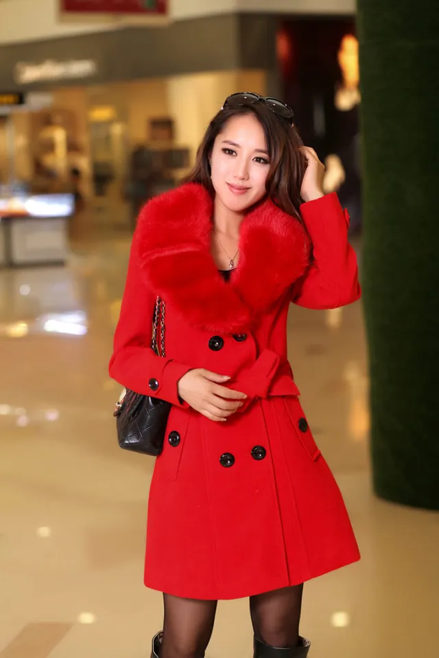 Mid length Winter Coat With Woolen Collar And Double breasted Coat Red - Shop at LoveMi