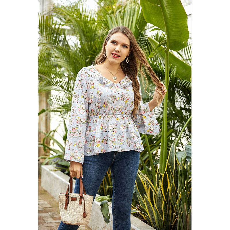  floral blouse Women ruffled collar t shirt fat lady top