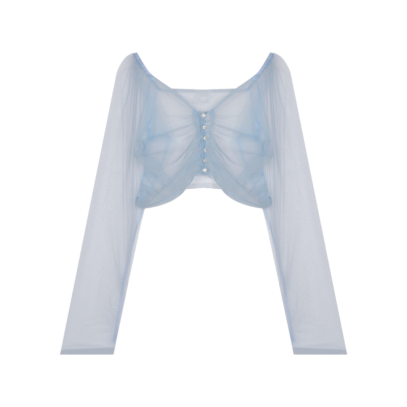 Short Rhinestone Buckle Perspective Mesh Top Sunscreen Shirt Tide