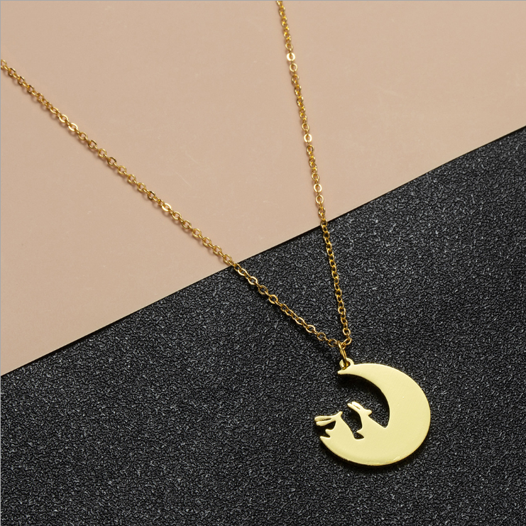 Bunnies On The Moon Rabbit Cute Animal Charm Necklace Made in Stainless Steel