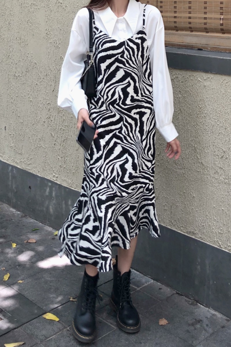 Zebra Drawstring Dress Women Mid-length Mermaid Skirt