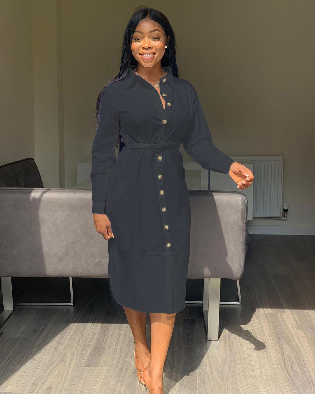 Fashion Solid Color Shirt Dress Without Belt