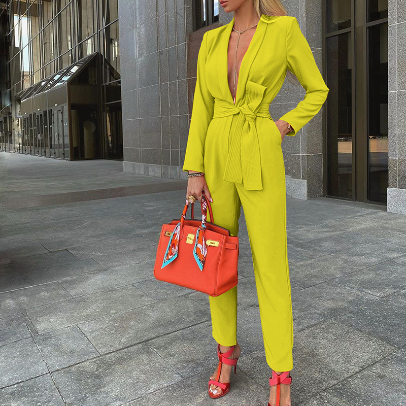 Women's Fashion Solid Color Tie Casual Pants Suit