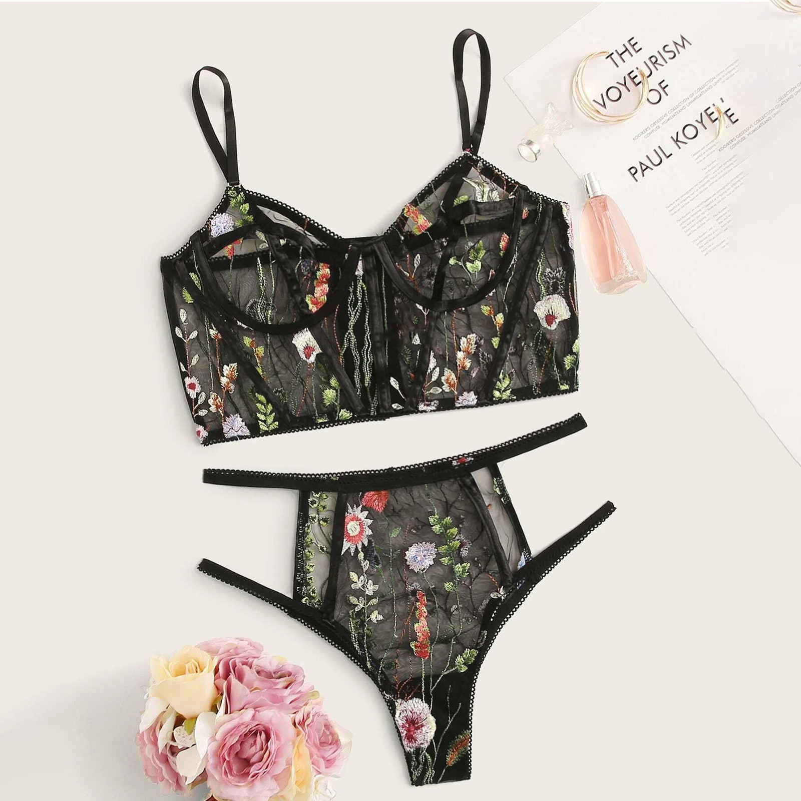 Sexy Lingerie Women Underwear Set Mesh See-through Floral Embroidery Bra Set Ladies… — image 1