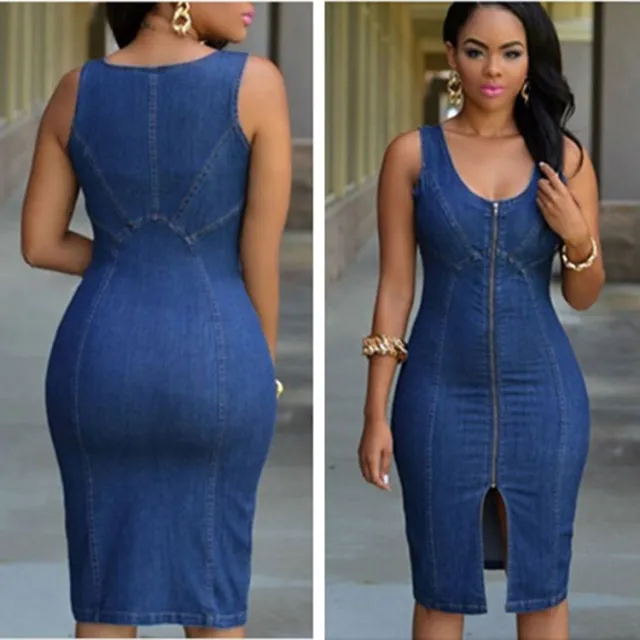 Ladies' Denim Split Zipper Dress Blue - Shop at LoveMi