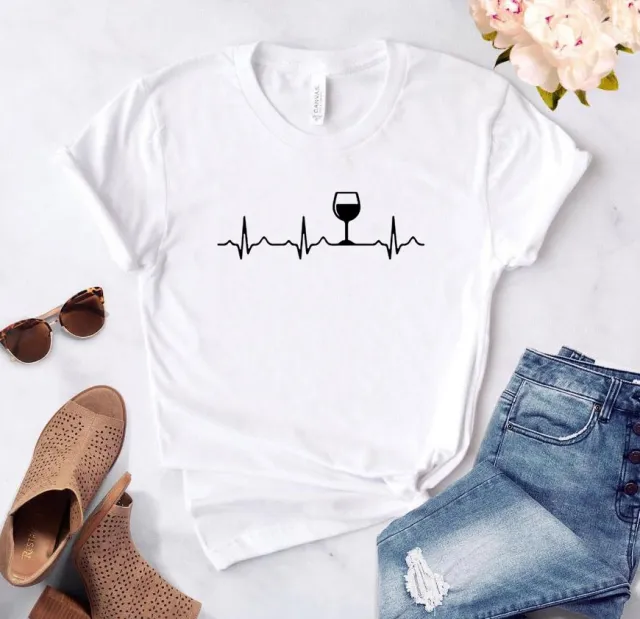 Electrocardiogram Wine Cup Printed Short Sleeved T Shirt White - Shop at LoveMi