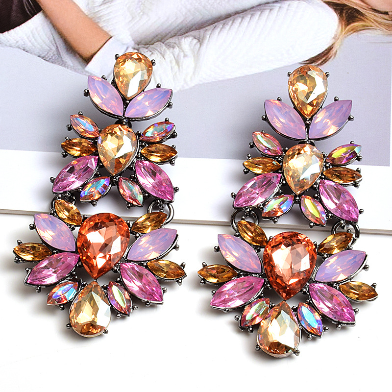 Fashion Flower Shaped Color Diamond Earrings Exaggerate Women'S Accessories