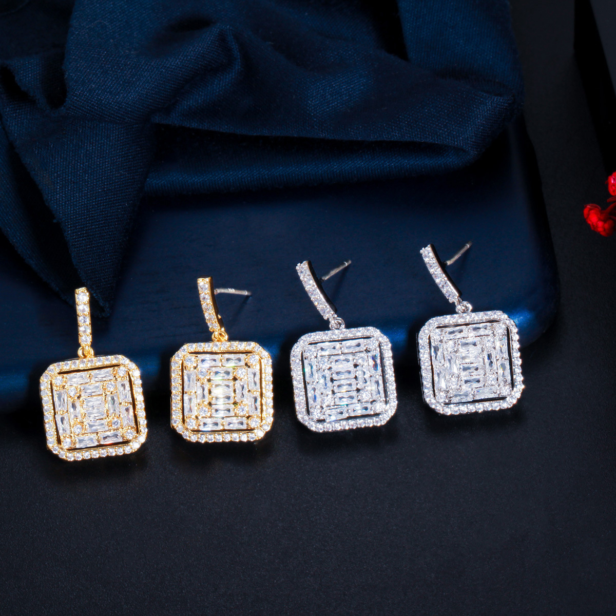 Korean Style Ladies Temperament Square Full Diamond Zircon Ear Studs