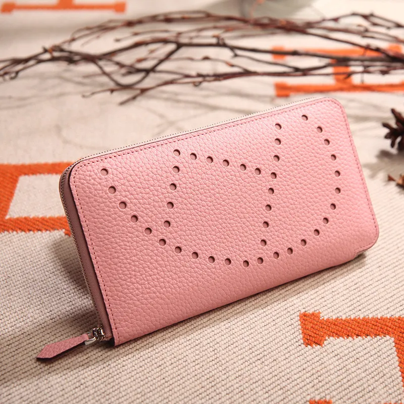 Lychee Pattern Top Layer Cowhide Classic Clutch - Pink