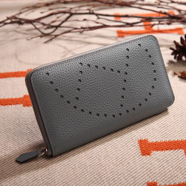 Lychee Pattern Top Layer Cowhide Classic Clutch Grey - Shop at LoveMi