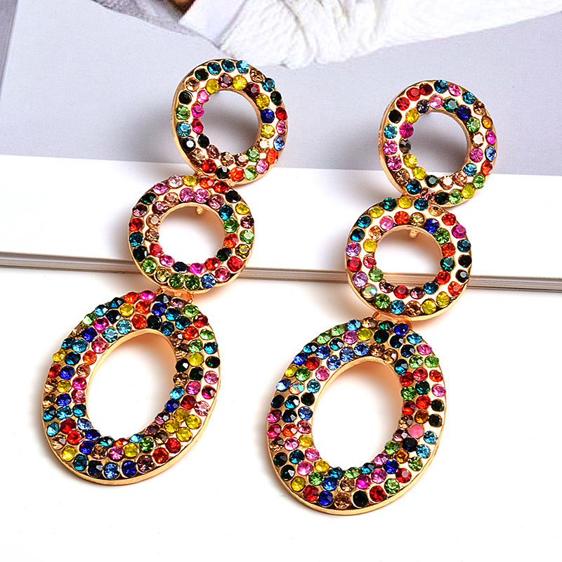 Fashion Earrings Circle Color Diamond Long