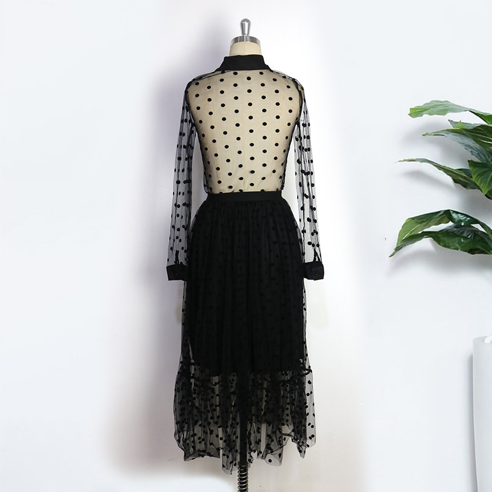 Sexy Two-Piece See-Through Long-Sleeved Top And Large Hem Skirt Long Skirt