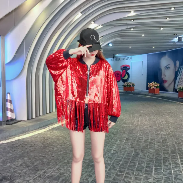 Heavy Industry Sequined High Waist Long Sleeve Short Jacket Fringed Top Red - Shop at LoveMi