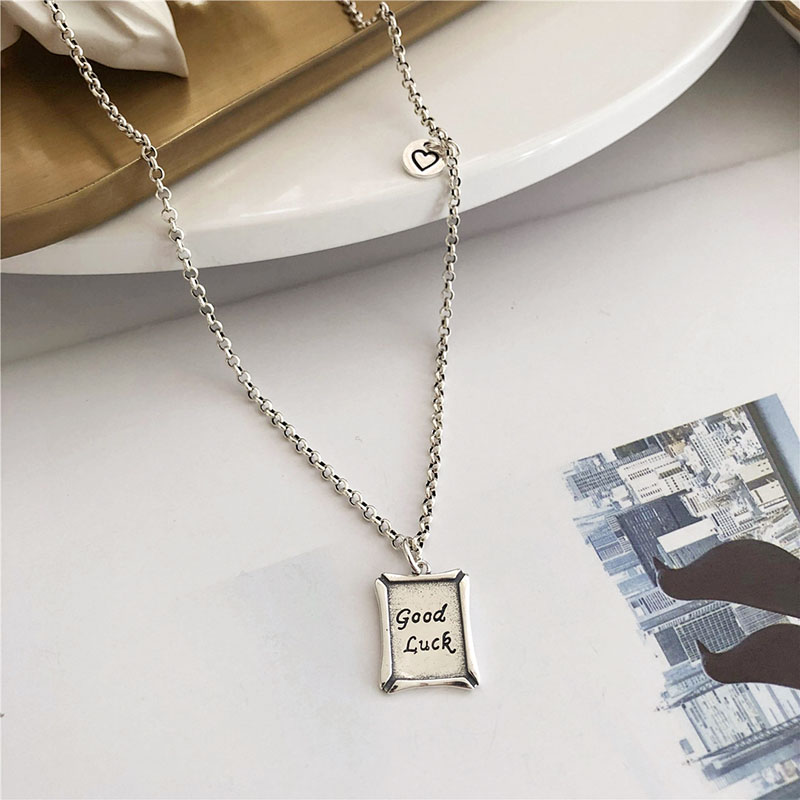Distressed GOOD LUCK Lucky Square Necklace Love Pendant