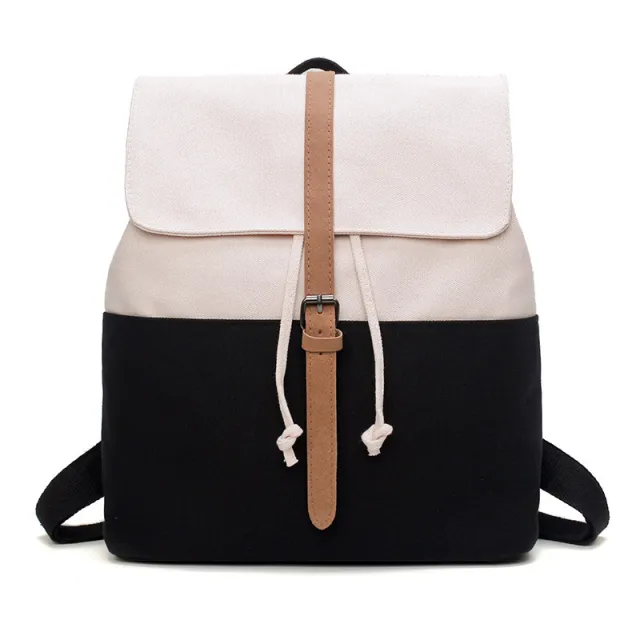 Contrasting Color Drawstring Canvas Backpack Soft Girl Personality Toilet Belt School Bagndance Black - Shop at LoveMi