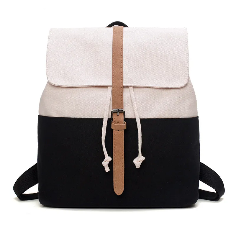 Contrasting Colour Drawstring Canvas Backpack Soft Girl Personality Toilet Belt School Bagndance - Black