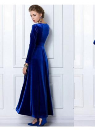 V-neck, Long-sleeved, High-waisted, Plus-size, Slim-fit, Swinging Dress, Velvet Dress