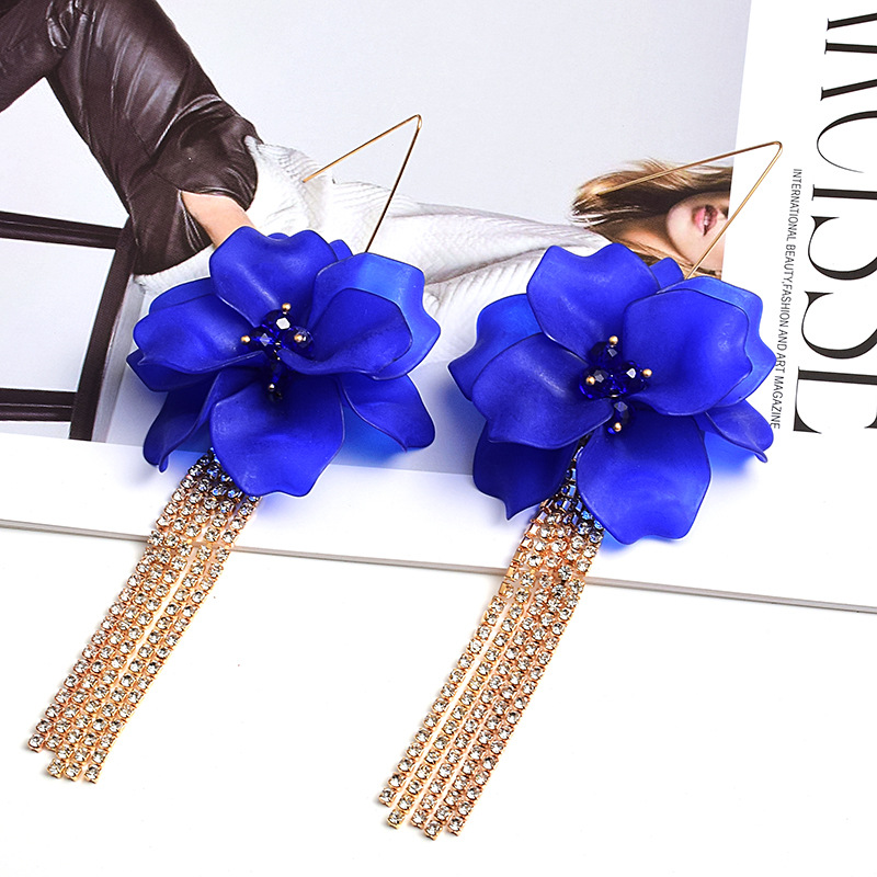 European And American Fashion Flower-shaped Long Rhinestone Chain Earrings