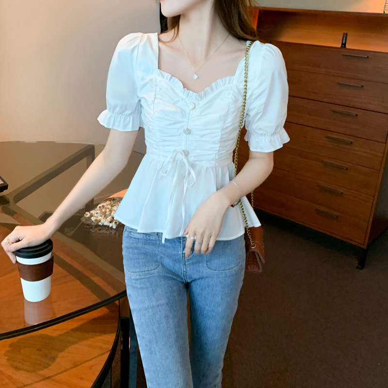Fashion Korean Version Waist Close Thin Bandage Short Shirt