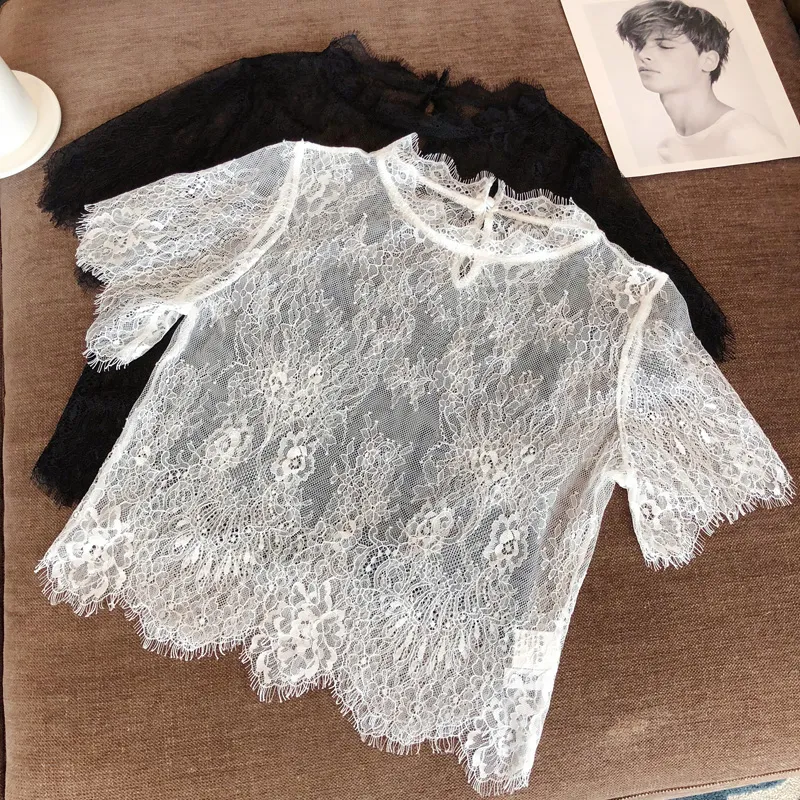 Lace Top Women's New Summer Eyelash Smock Sexy - White