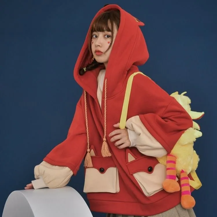 Women's Blouse, Cute Ears, Fake Two-piece Stitching Sweater - Red
