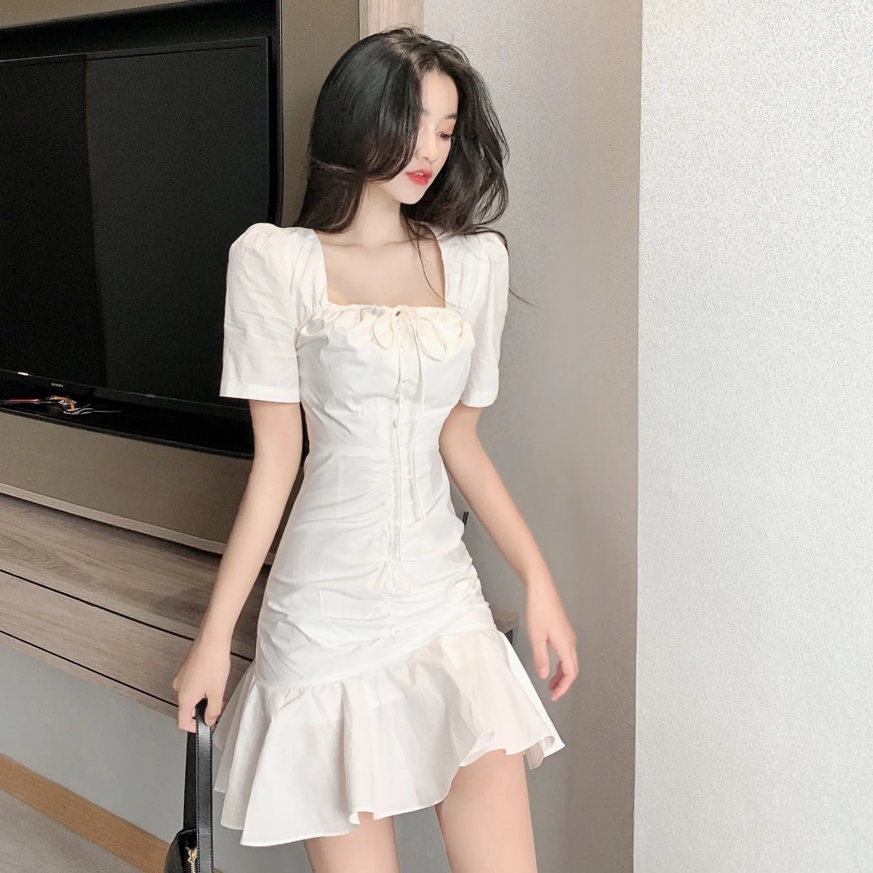 French Niche Fold Square Neck Ruffle Dress Female Summer New Short Skirt White Sweet Skirt
