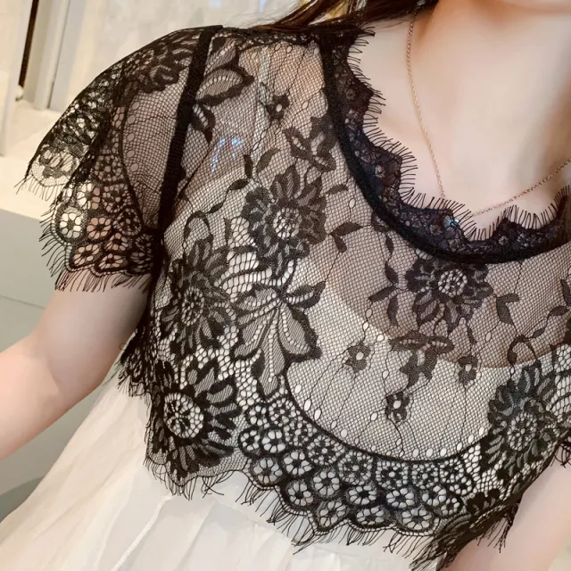 Summer New Korean Lace Blouse Round Neck Short False Black - Shop at LoveMi