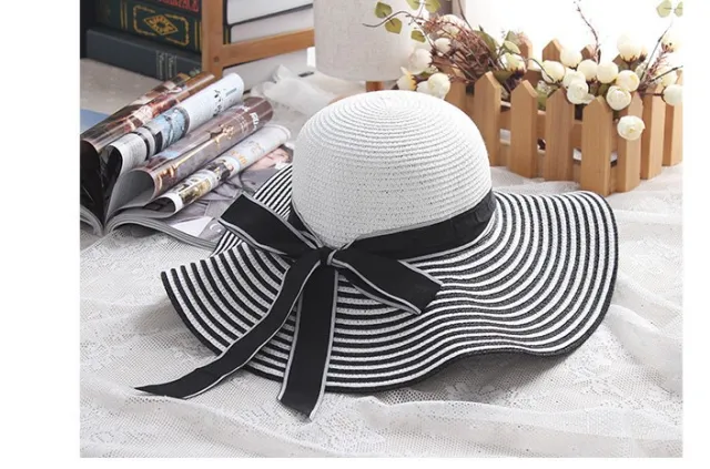 Fashion Hepburn Hat Wind Black White Striped Bowknot Summer Sun Hat Beautiful Women Straw Beach Hat Wide Brim Cap Black - Shop at LoveMi