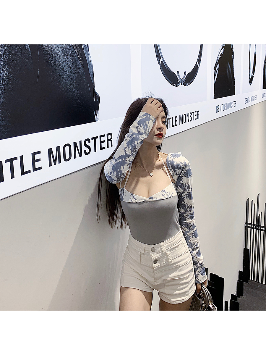 Tie Dyed Long Sleeve Stitched T-Shirt Women'S Early Autumn One Piece Suspender Vest With One Neck Sexy Clavicle Top