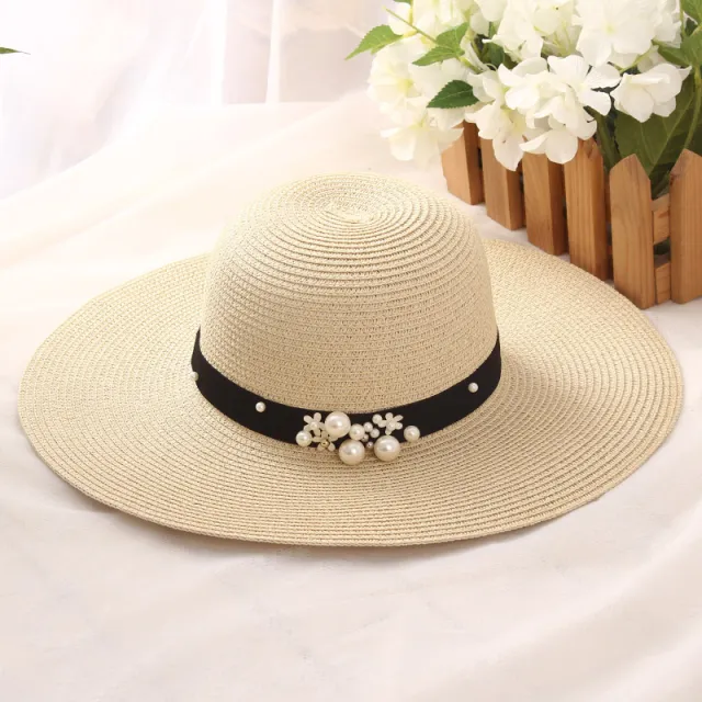 Big Brimmed Hat Beach Sunscreen Foldable Straw Hat With Pearl Rivets Beige - Shop at LoveMi