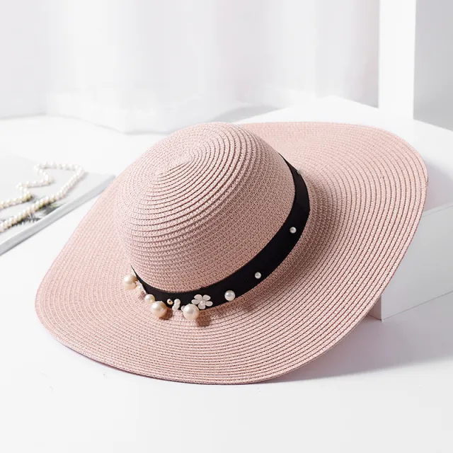 Big Brimmed Hat Beach Sunscreen Foldable Straw Hat With Pearl Rivets Pink - Shop at LoveMi