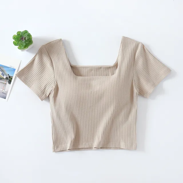 High waisted T shirt Women's Short sleeved Shirt With Umbilical Display Apricot - Shop at LoveMi