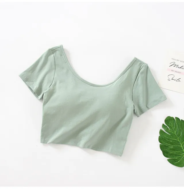 Comes With Chest Pad, Short Sleeved, High Waist, Big Round Neck T Shirt, Women's Non Wireless Cup And Bra Bottoming Shirt Green - Shop at LoveMi